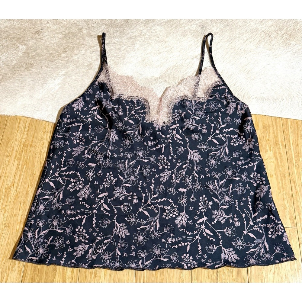 Victoria's Secret Black Pink Floral Lace Silky Cami Babydoll Tank Top Size Small